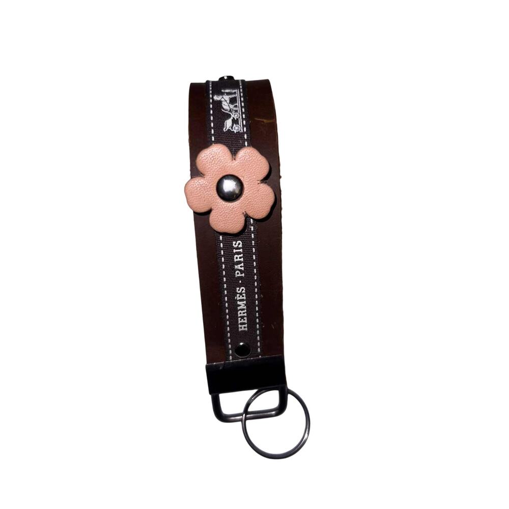 Handcrafted Hermès Keychain Repurposed Leather & Canvas with Flower Accent